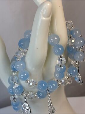 Delicate Sky Blue Glass Beaded Bracelets with Crystal Charms Set of 4